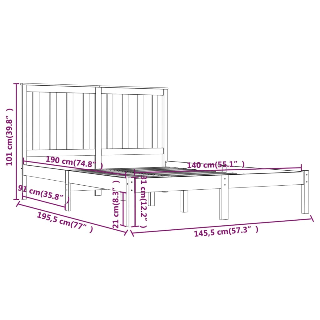 Bedframe Massief Grenenhout 140 x 190 cm Zwart