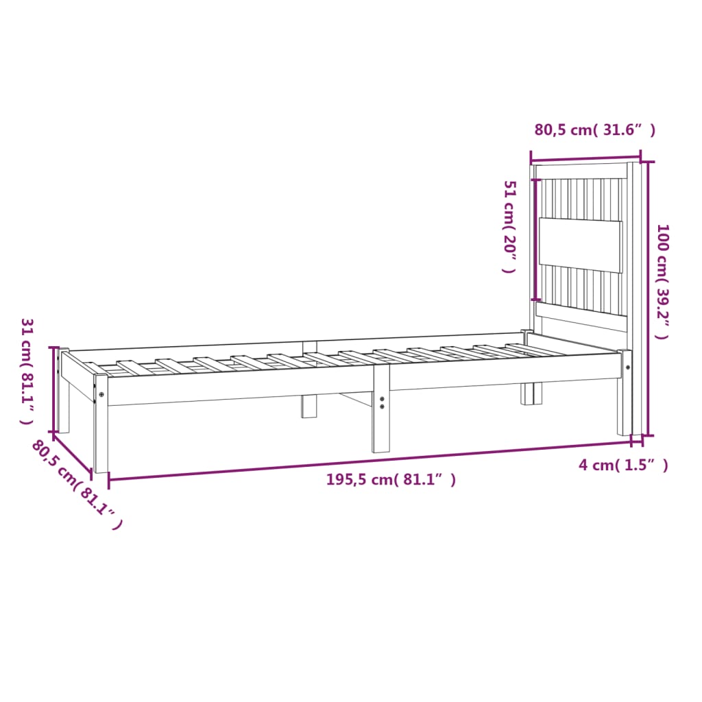 Bedframe Massief Grenenhout Zwart 75 x 190 cm Naturel