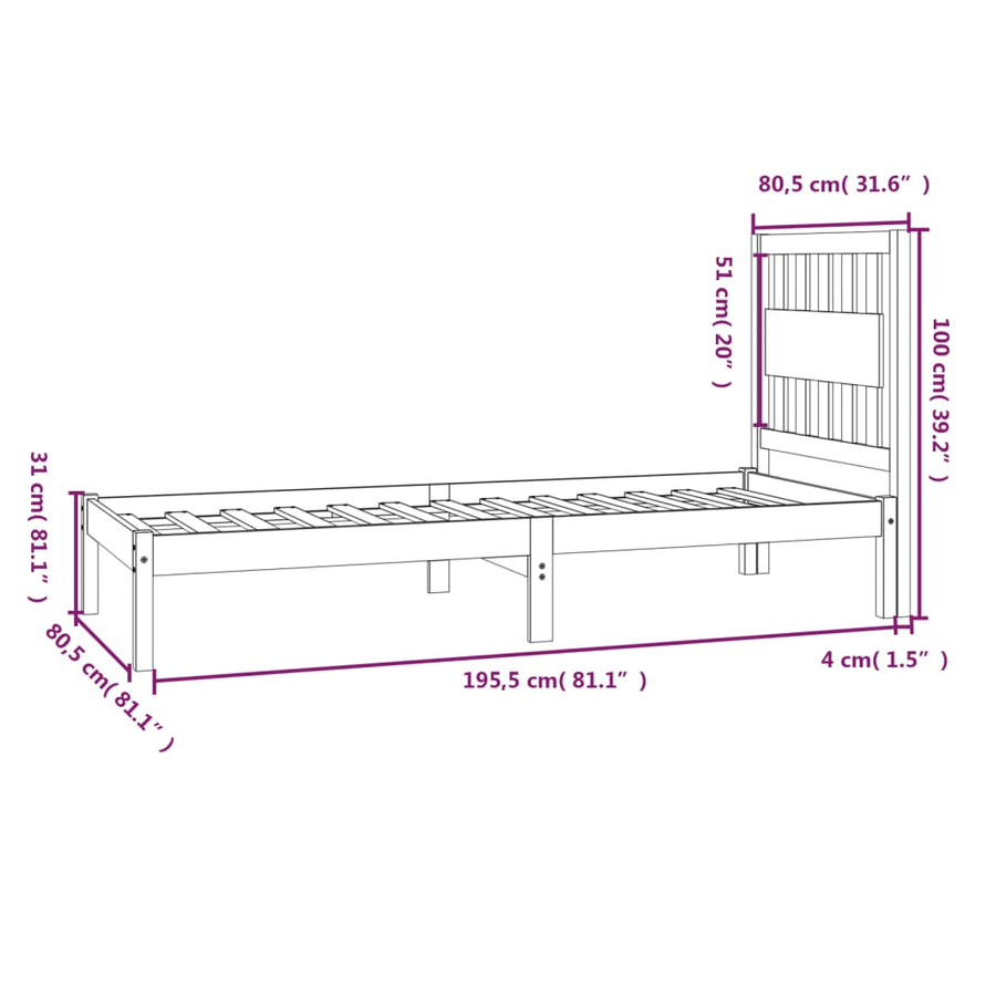 Bedframe Massief Grenenhout Zwart 75 x 190 cm Naturel