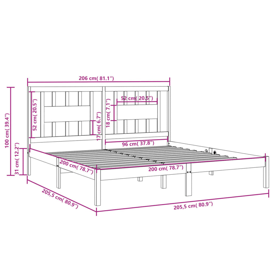 Bedframe Massief Grenenhout 200 x 200 cm Zwart