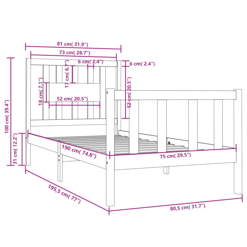 Bedframe Massief Hout 75 x 190 cm Zwart