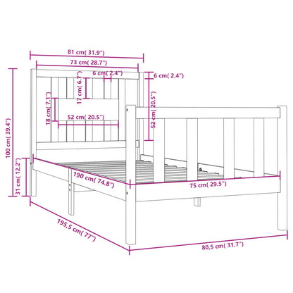 Bedframe Massief Hout 75 x 190 cm Zwart