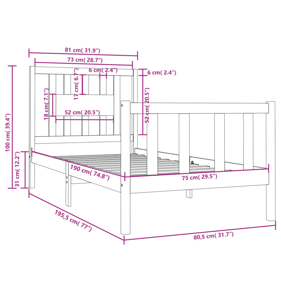 Bedframe Massief Hout 75 x 190 cm Zwart