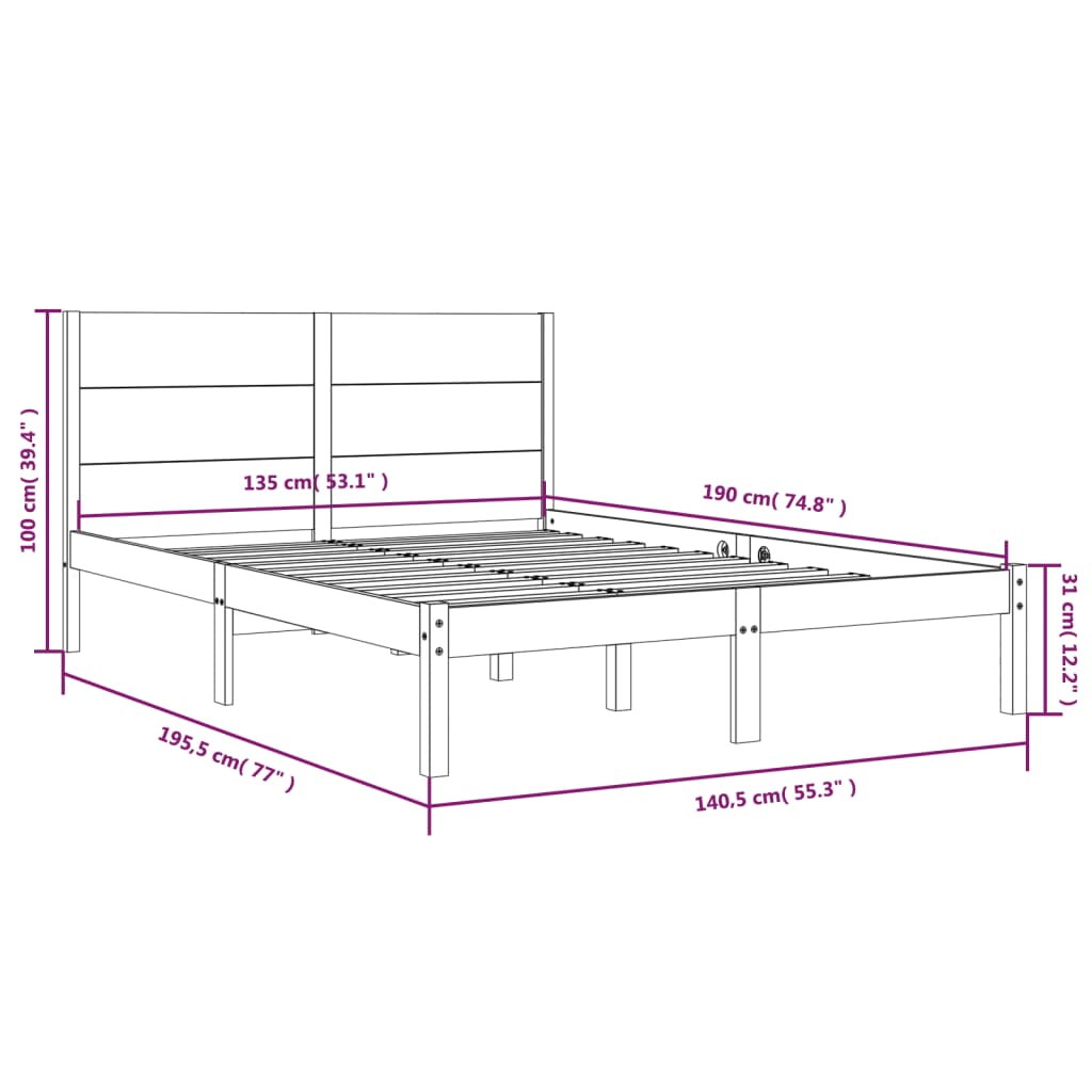 Bedframe Massief Hout 135 x 190 cm Naturel