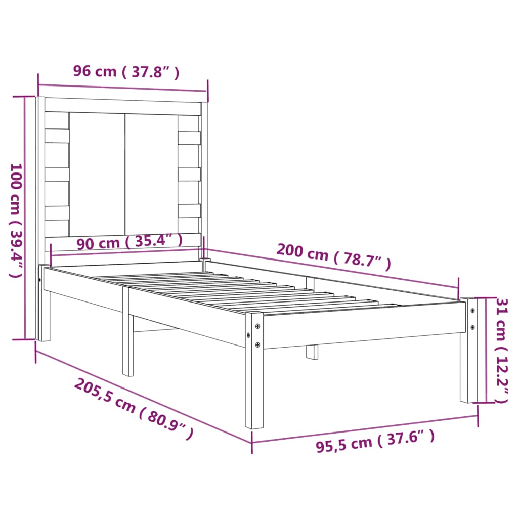 Bedframe Massief Grenenhout 90 x 200 cm Naturel