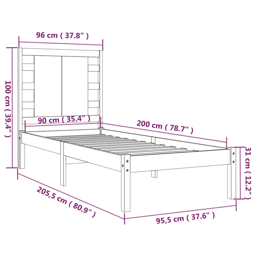 Bedframe Massief Grenenhout 90 x 200 cm Naturel
