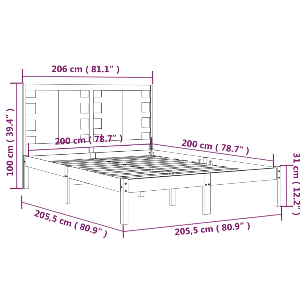 Bedframe Massief Grenenhout 200 x 200 cm Zwart