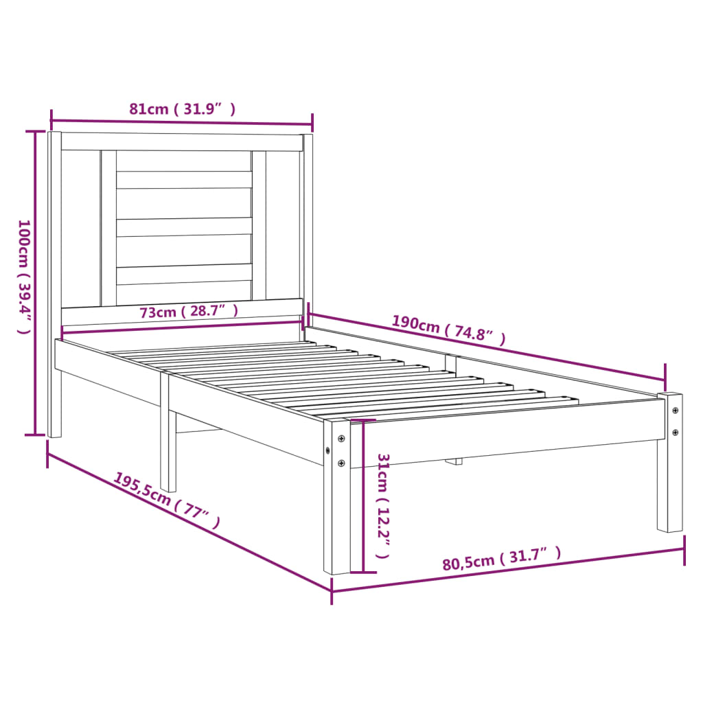 Bedframe massief hout wit 75x190 cm Small Single 75 x 190 cm Wit