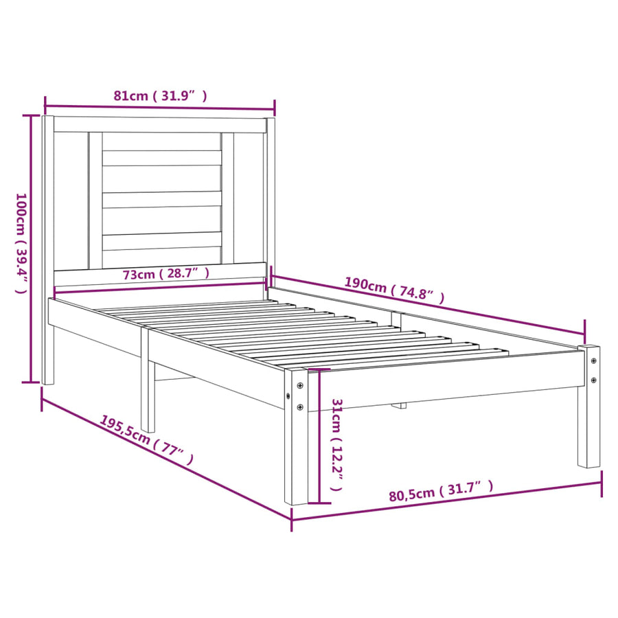 Bedframe massief hout wit 75x190 cm Small Single 75 x 190 cm Wit