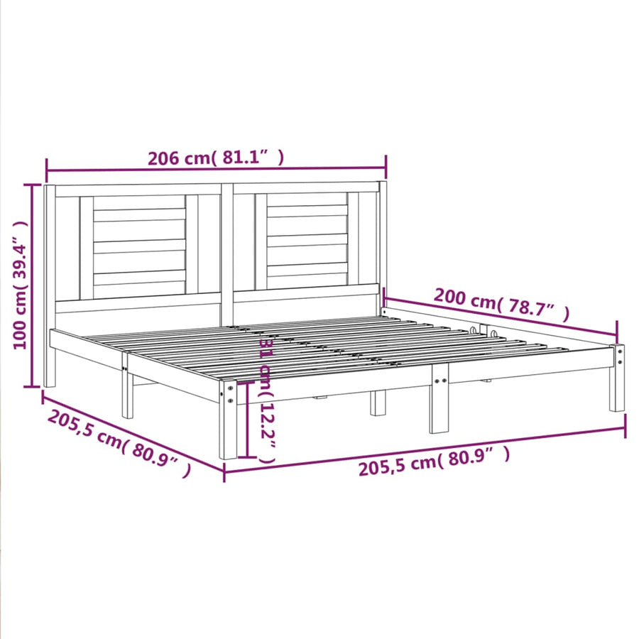 Bedframe Massief Grenenhout 200 x 200 cm Zwart