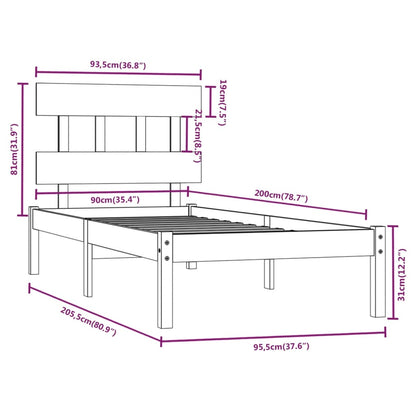Bedframe Massief Hout 90 x 200 cm Naturel