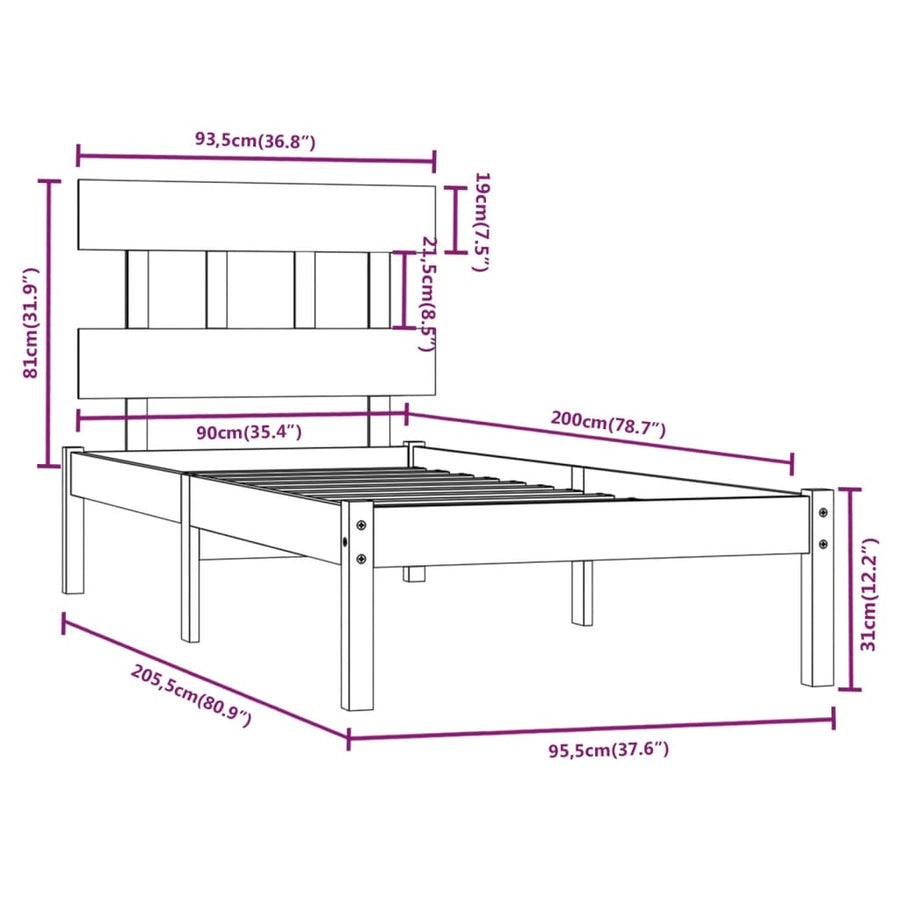 Bedframe Massief Hout 90 x 200 cm Naturel