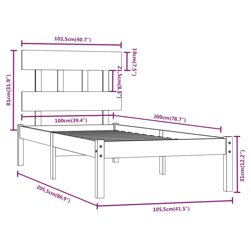 Bedframe Massief Hout 100 x 200 cm Wit