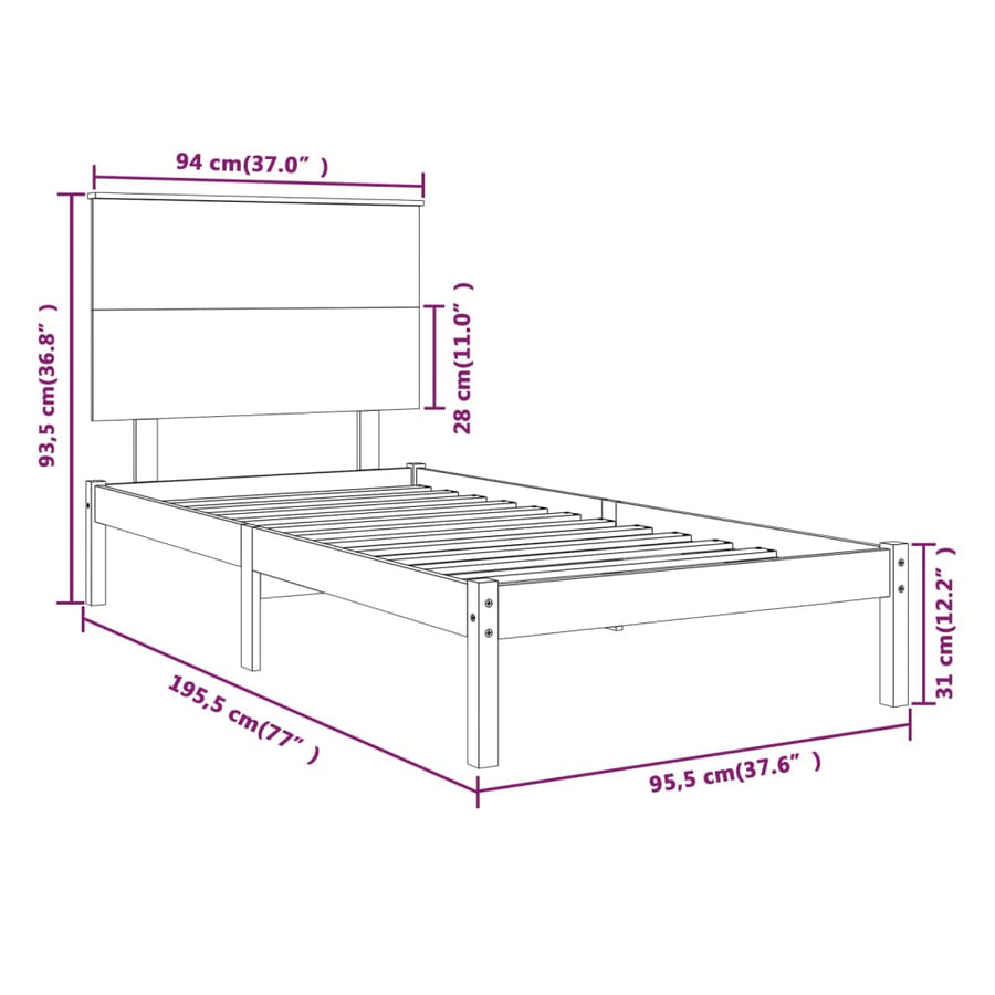 Bedframe Massief Hout 90 x 190 cm Wit