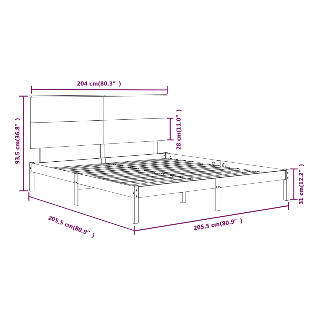 Bedframe Massief Grenenhout 200 x 200 cm Zwart