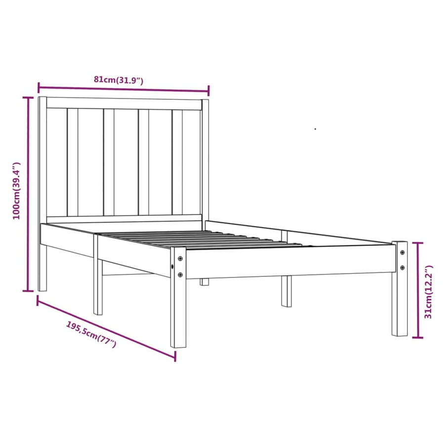 Bedframe massief grenenhout zwart 75x190 cm 75 x 190 cm Naturel