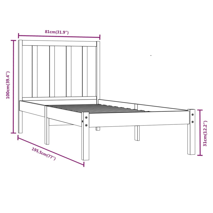 Bedframe Massief Grenenhout 2Ft6 Small Single 75 x 190 cm Zwart