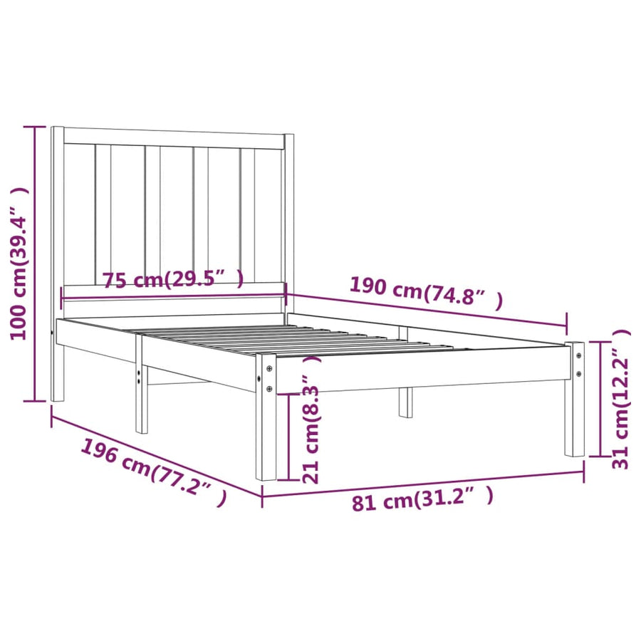 Bedframe Massief Grenenhout 2Ft6 Small Single 75 x 190 cm Wit