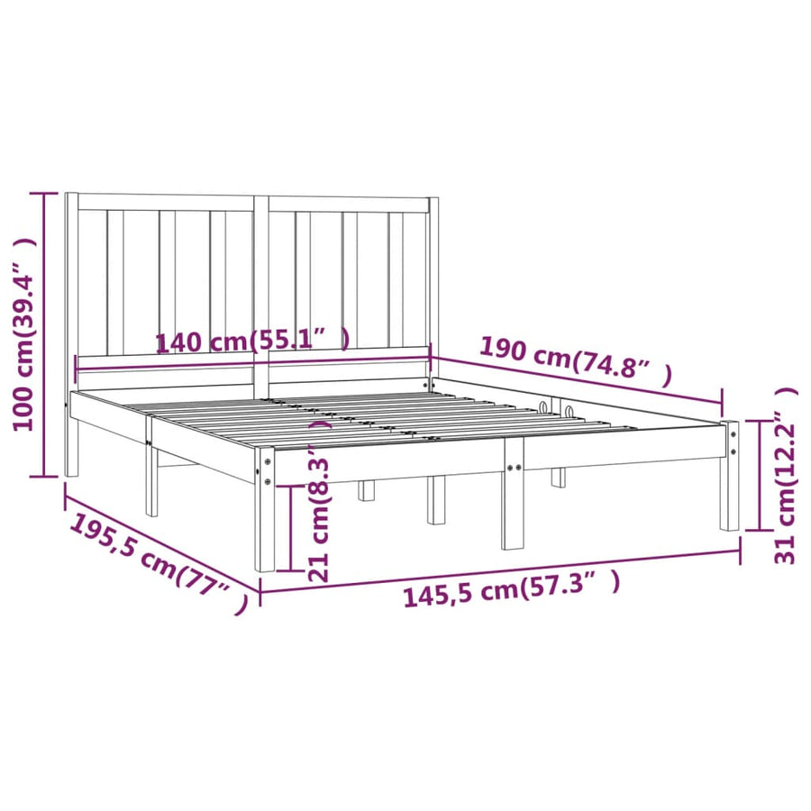 Bedframe Massief Grenenhout 140 x 190 cm Zwart