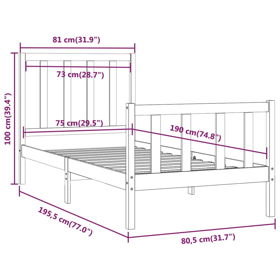 Bedframe Massief Hout 75 x 190 cm Zwart