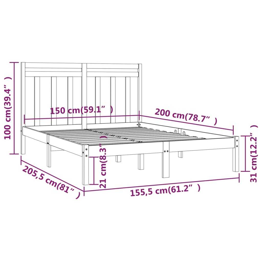 Bedframe Massief Hout 150 x 200 cm Wit