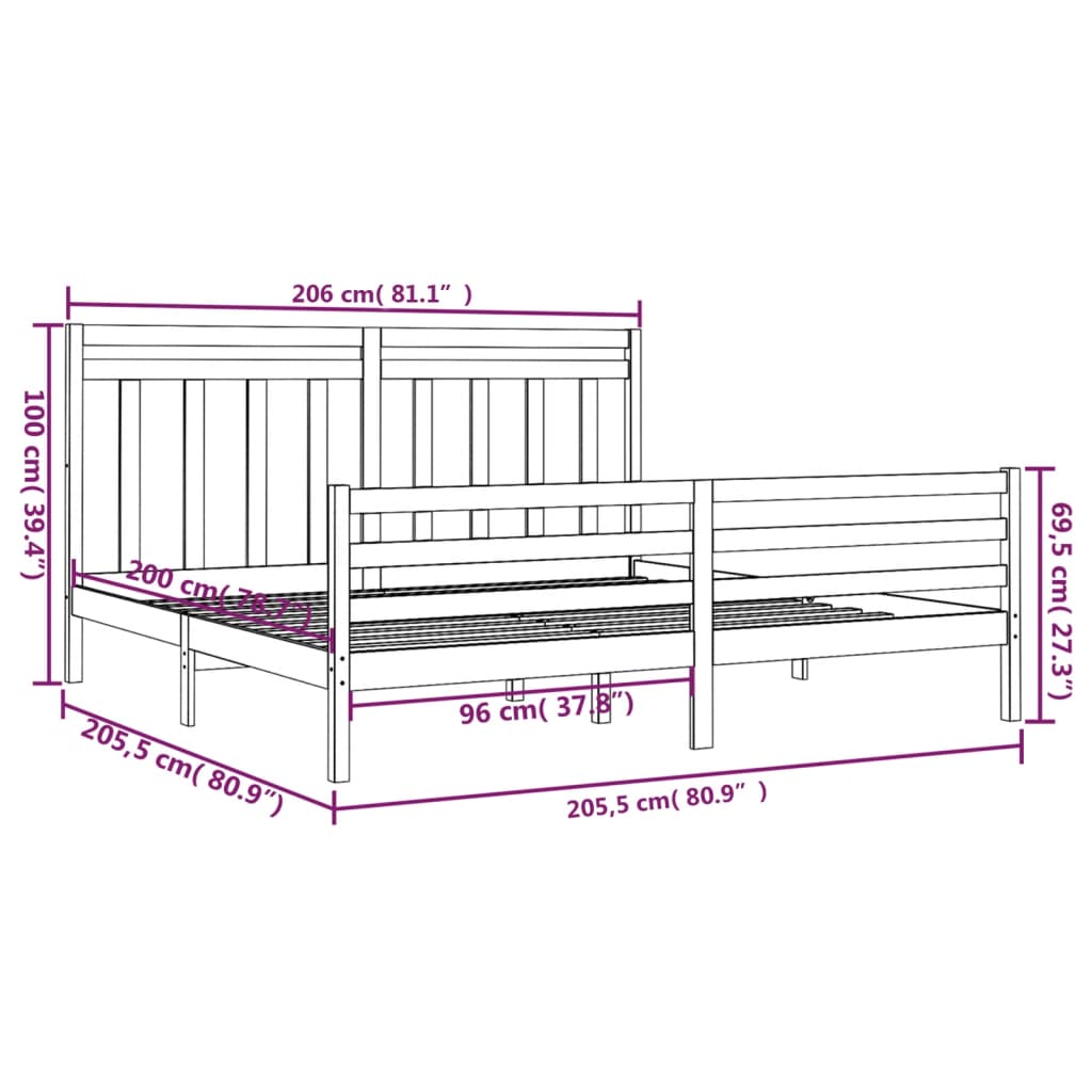 Bedframe Massief Hout 200 x 200 cm Grijs