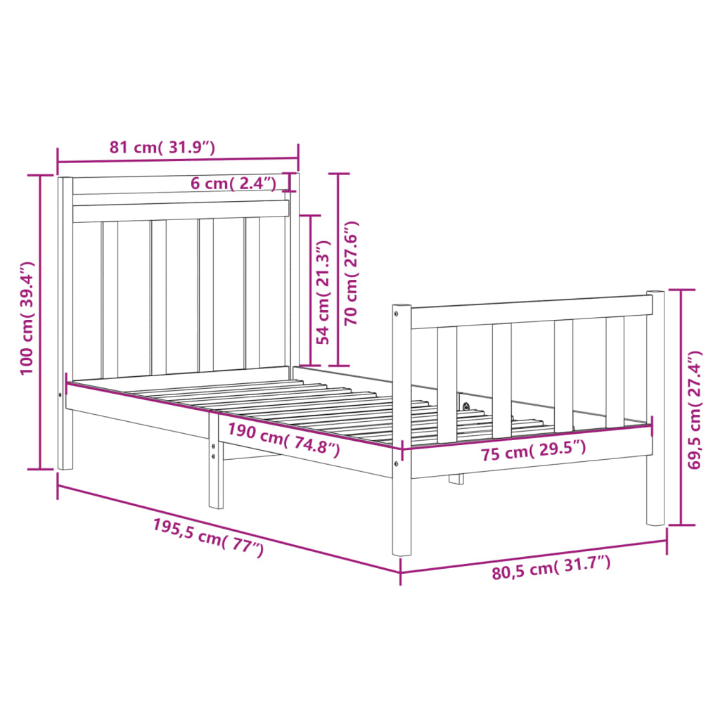 Bedframe Massief Hout 75 x 190 cm Zwart