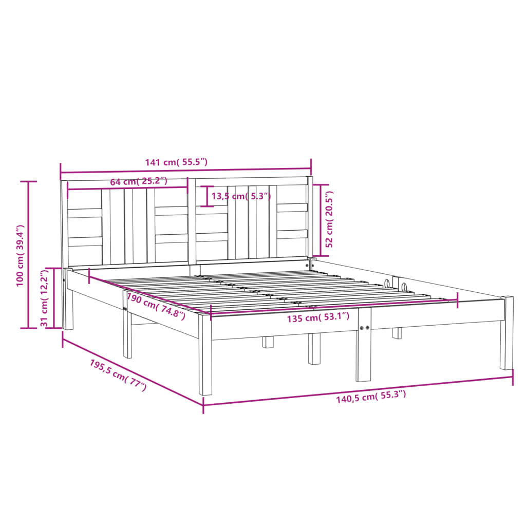 Bedframe Massief Hout 135 x 190 cm Naturel