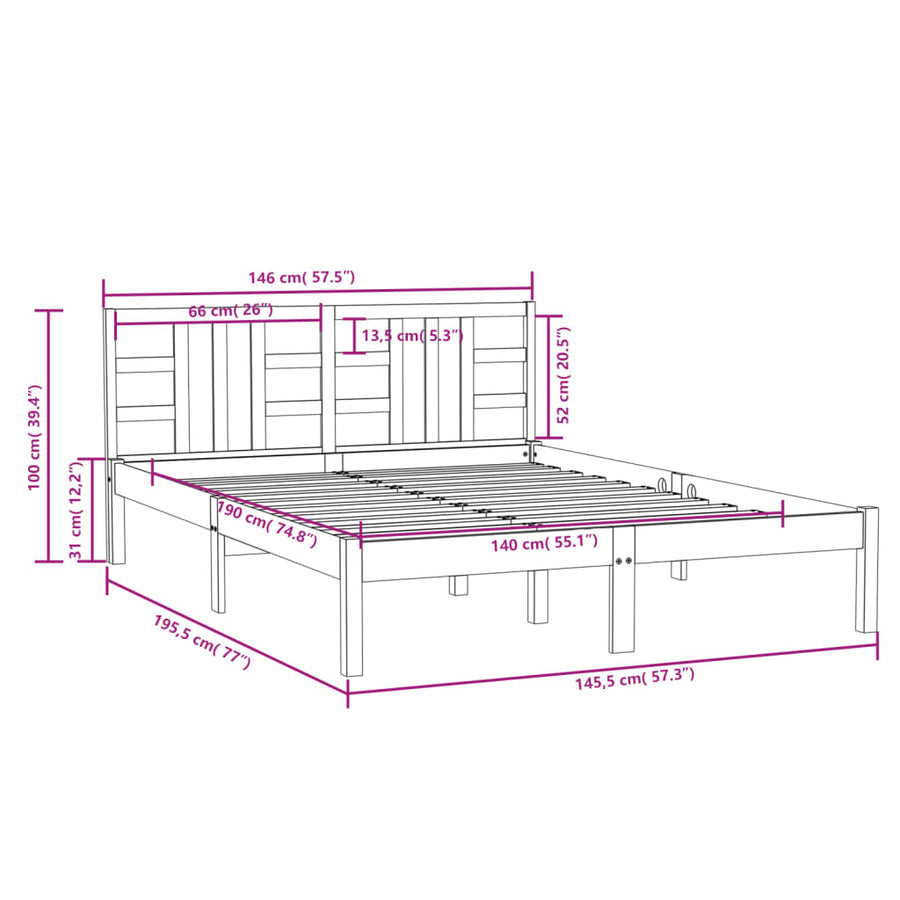 Bedframe Massief Hout 140 x 190 cm Zwart