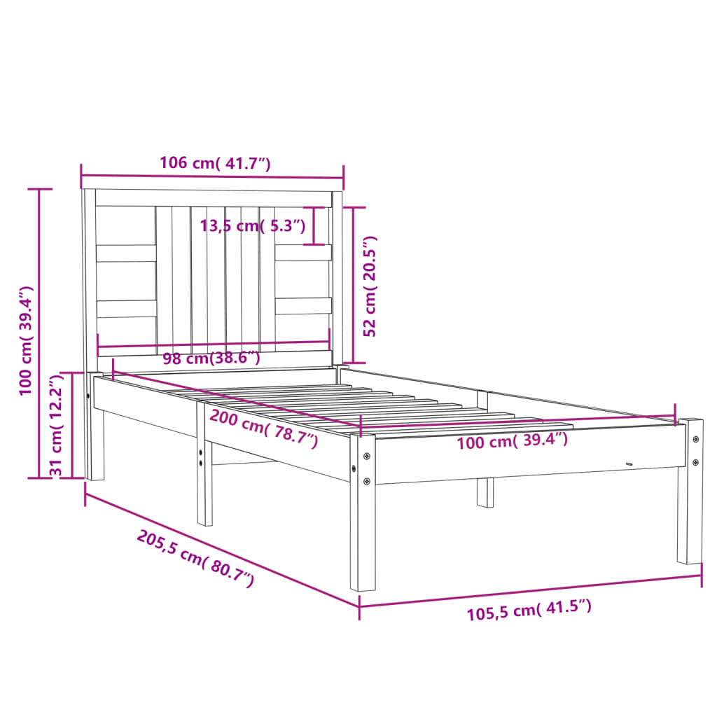 Bedframe Massief Hout 100 x 200 cm Wit