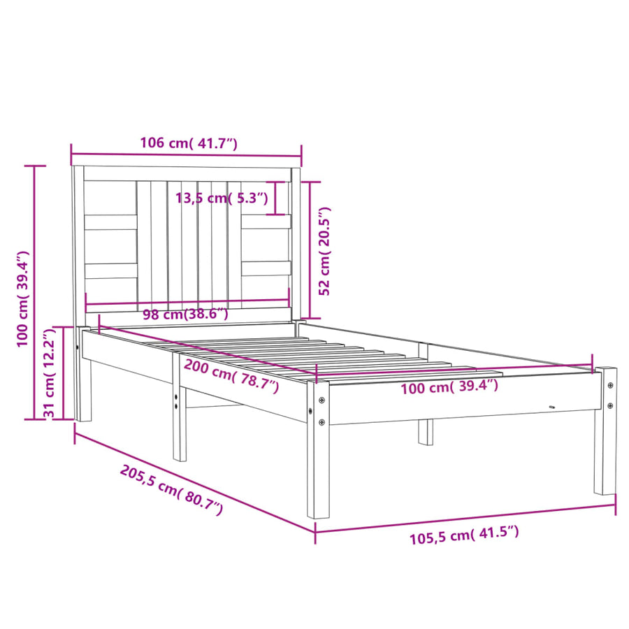 Bedframe Massief Hout 100 x 200 cm Wit