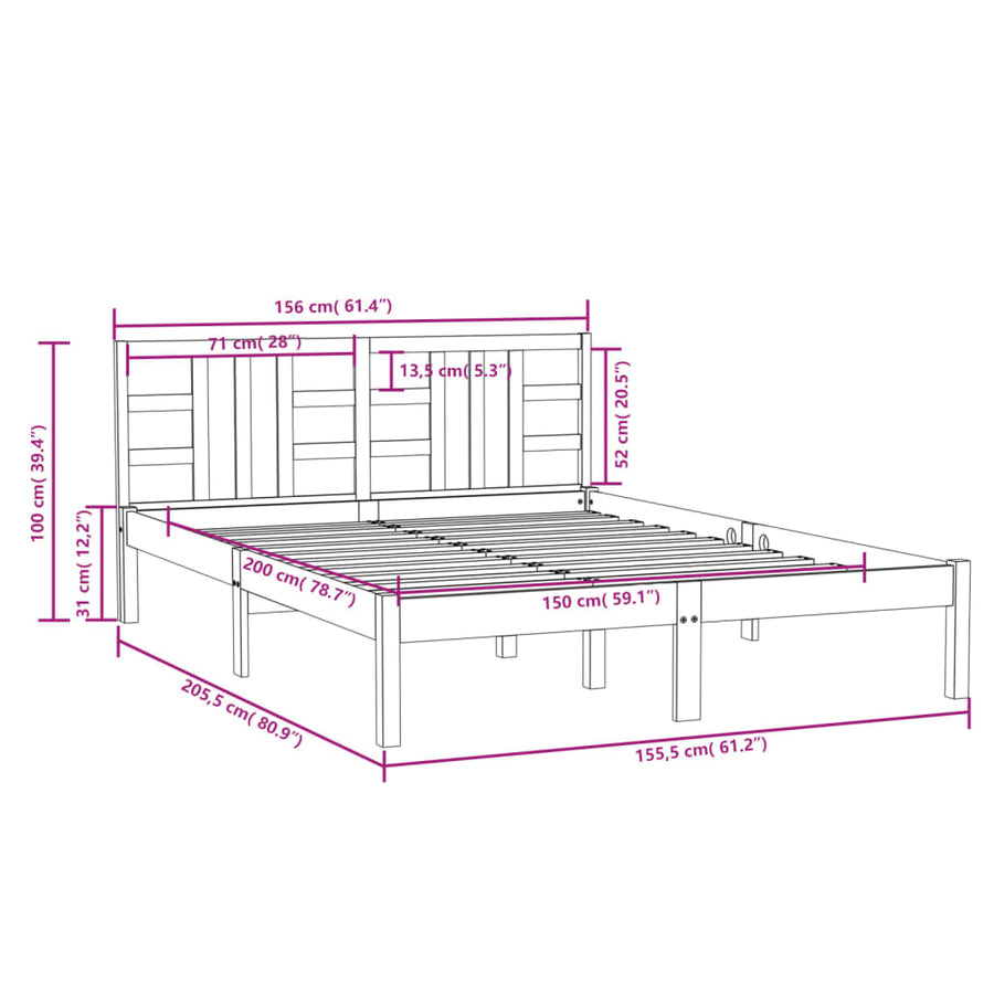 Bedframe Massief Hout 150 x 200 cm Wit