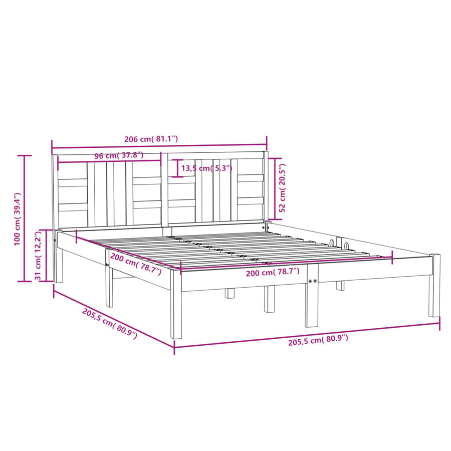 Bedframe Massief Hout 200 x 200 cm Zwart