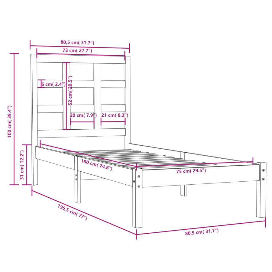 Bedframe Massief Hout Small Single 75 x 190 cm Wit