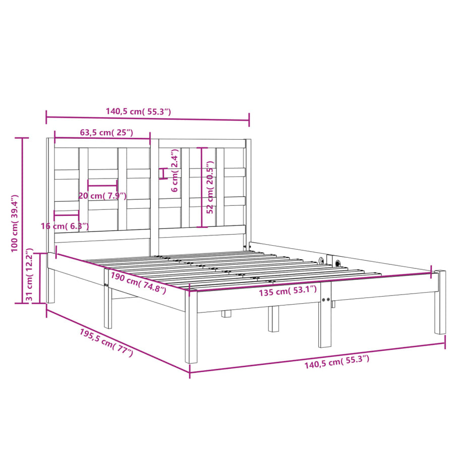 Bedframe Massief Hout 135 x 190 cm Naturel