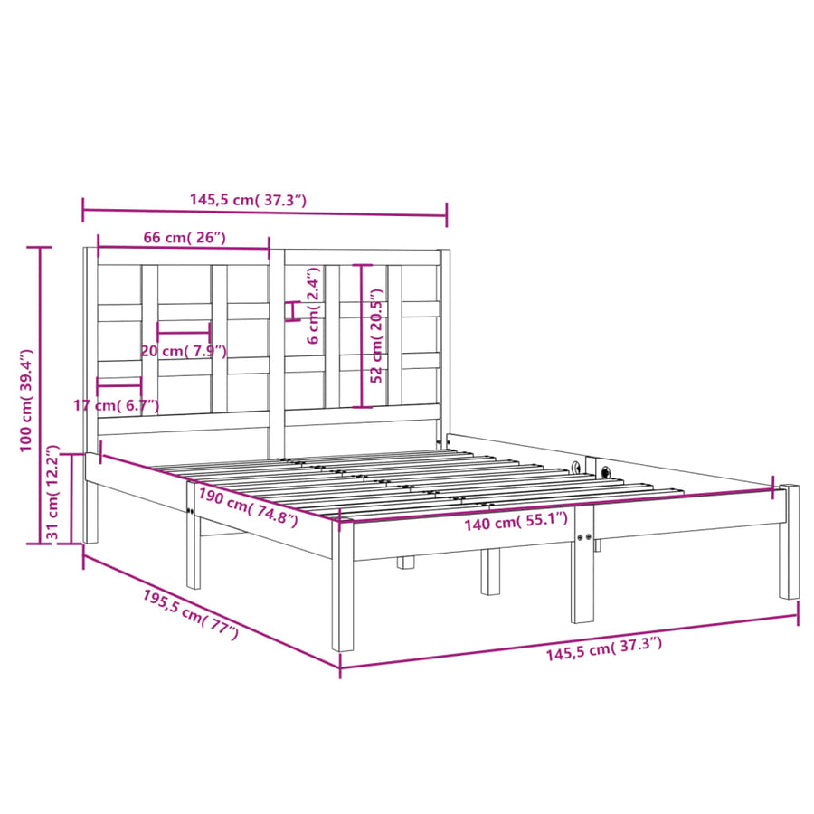 Bedframe Massief Hout 140 x 190 cm Zwart