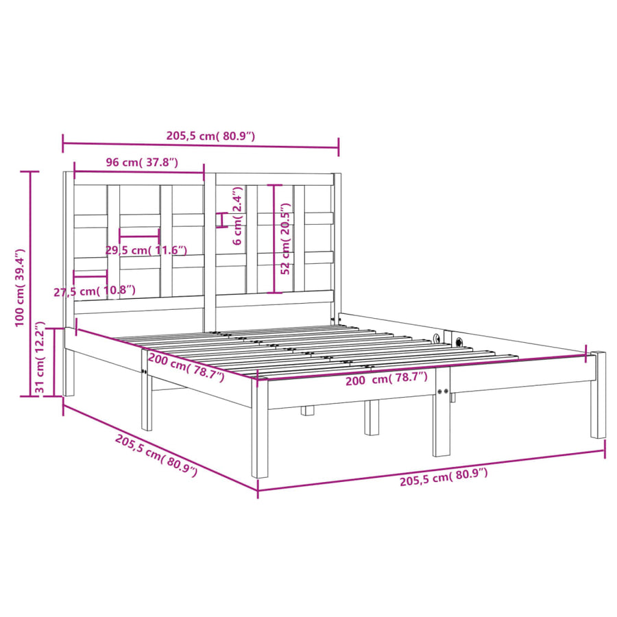 Bedframe Massief Hout 200 x 200 cm Zwart