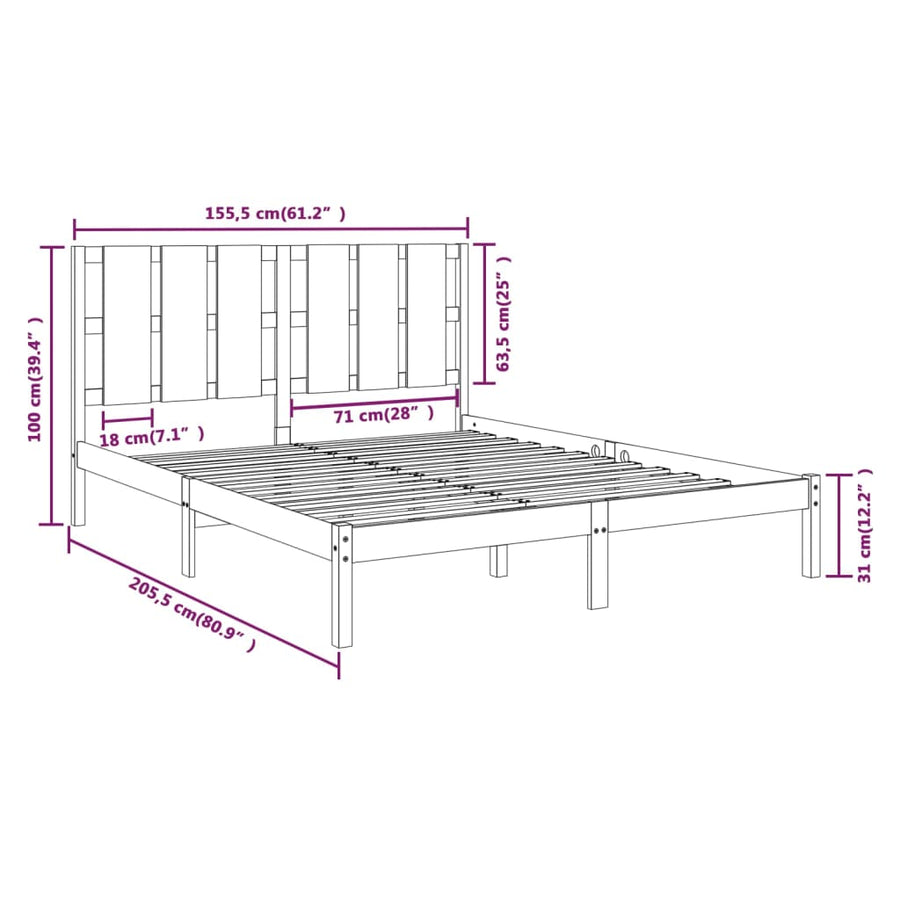 Bedframe Massief Hout King Size 150 x 200 cm Zwart