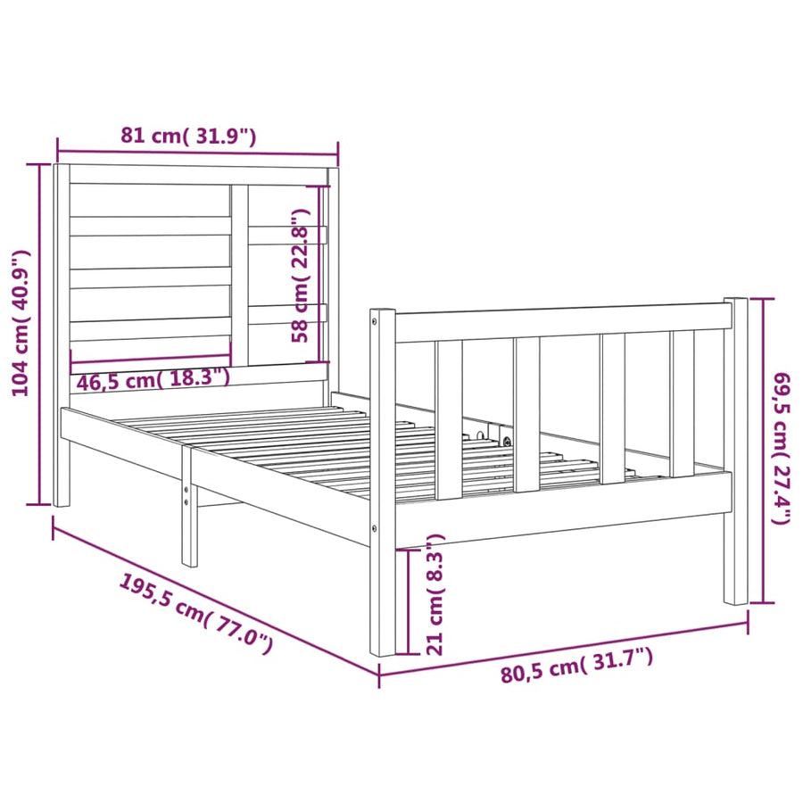 Bedframe Massief Hout 75 x 190 cm Zwart