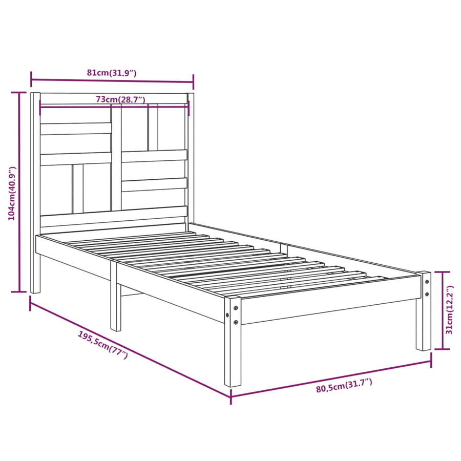 Bedframe massief hout wit 75x190 cm 75 x 190 cm Wit