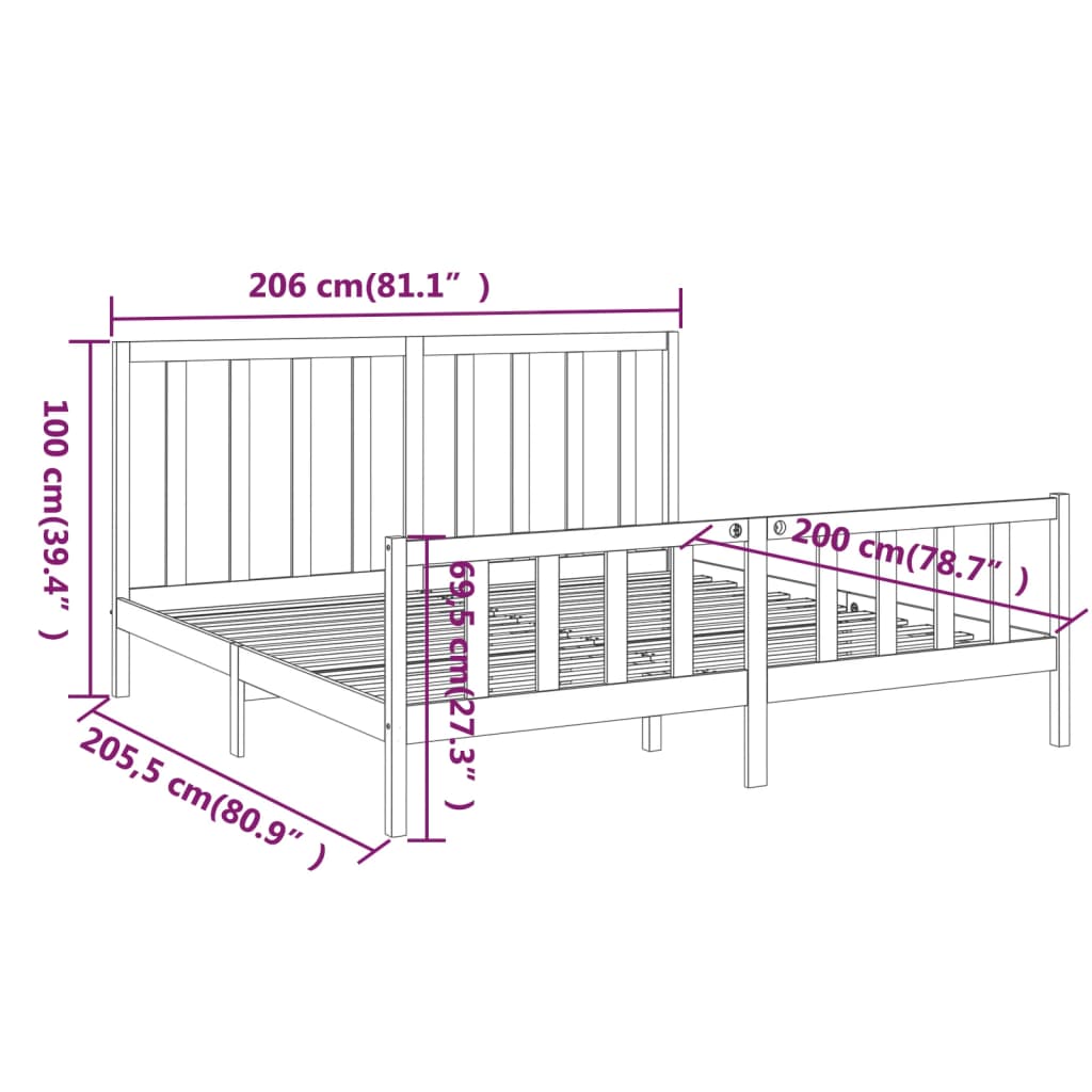 Bedframe Massief Grenenhout 200 x 200 cm Grijs