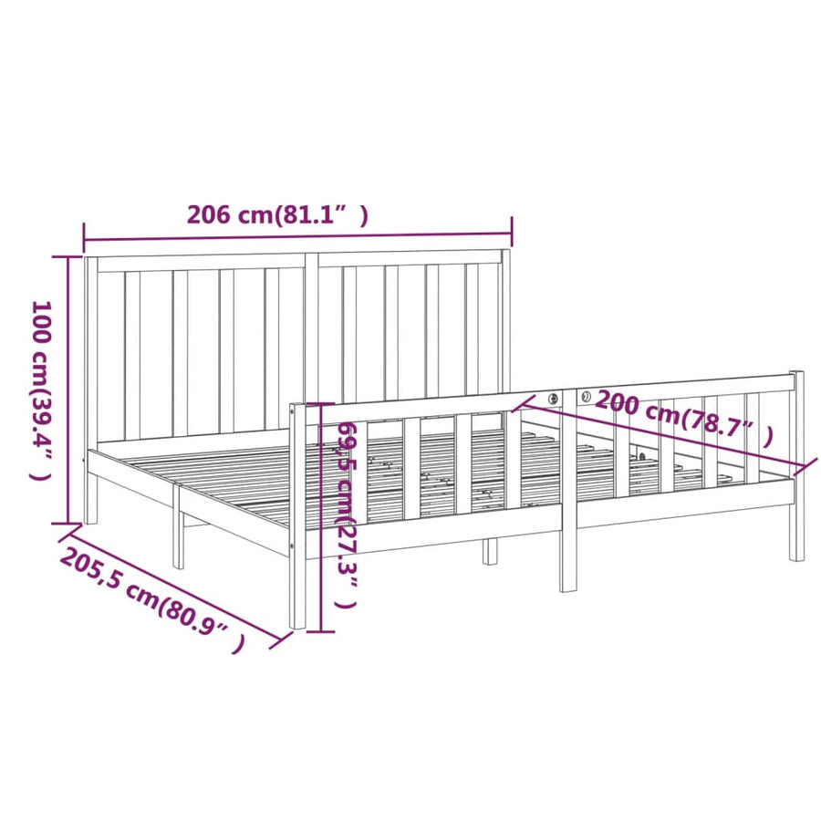 Bedframe Massief Grenenhout 200 x 200 cm Zwart