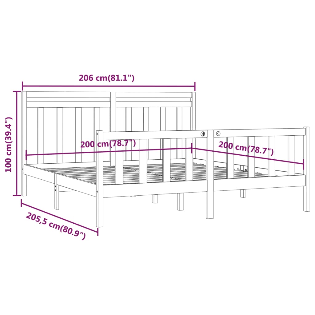 Bedframe Massief Grenenhout 200 x 200 cm Zwart