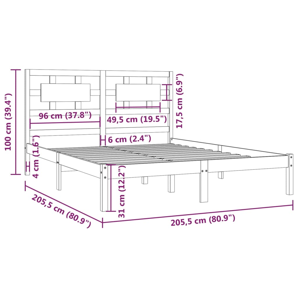 Bedframe Massief Grenenhout 200 x 200 cm Zwart