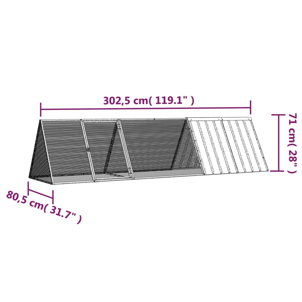 Konijnenhok 302,5x80,5x71 cm gegalvaniseerd staal grijs