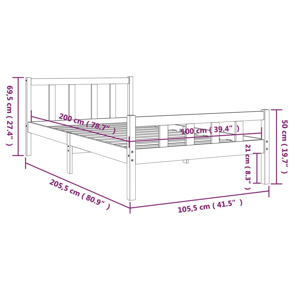 Bedframe Massief Hout 100 x 200 cm Grijs