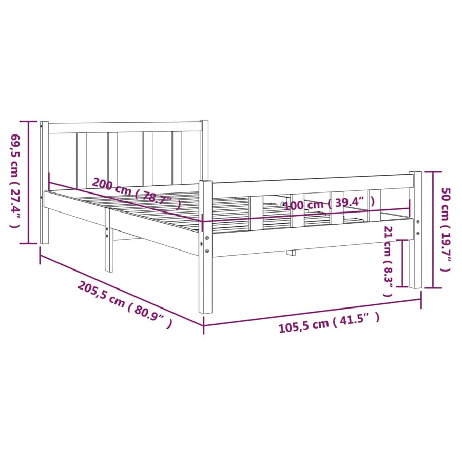 Bedframe Massief Hout 100 x 200 cm Grijs