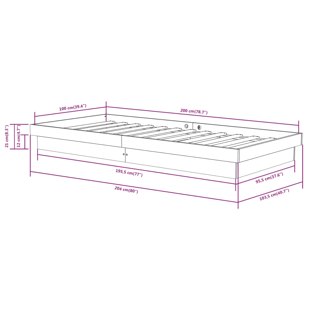 Bedframe Massief Hout Zwart 100X200 Cm