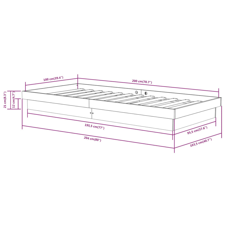 Bedframe Massief Hout Zwart 100X200 Cm
