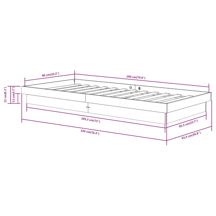 Bedframe Massief Hout 90X190 Cm Single 90 x 190 cm Naturel